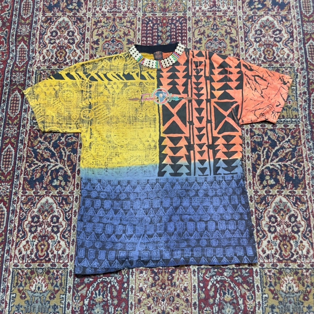 VTG Rare 90s Factory Artwear Tribal Rights Cowrie T-Shirt L USA Surf AOP Aztec